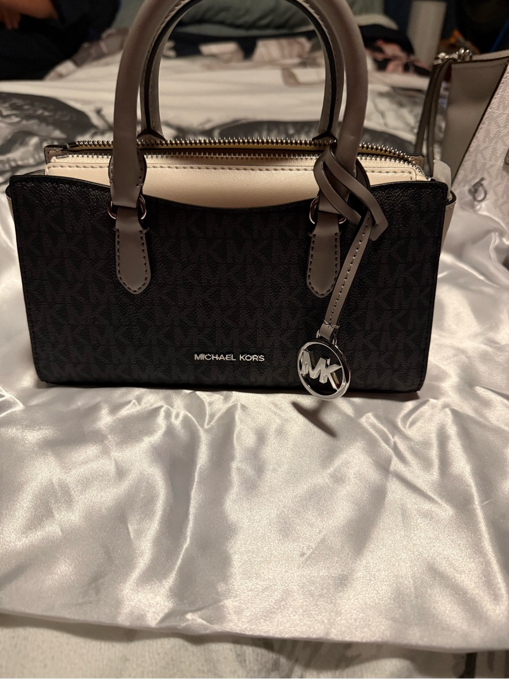Michael Kors Black and Cream Signature Satchel with Taupe Handles